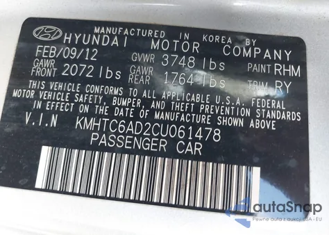 2012 Hyundai Veloster Base W/Black из США, поврежденный, VIN KMHTC6AD2CU061478